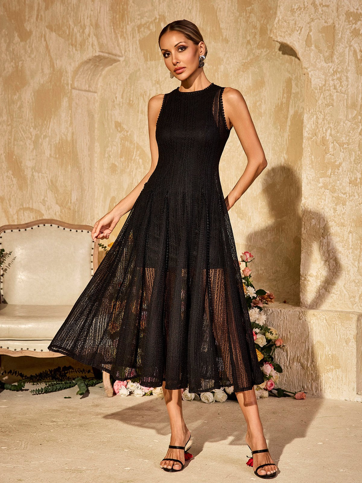 Round Neck Scalloped Lace Sleeveless Pointelle Sheer Hem A-Line Midi Dress 2