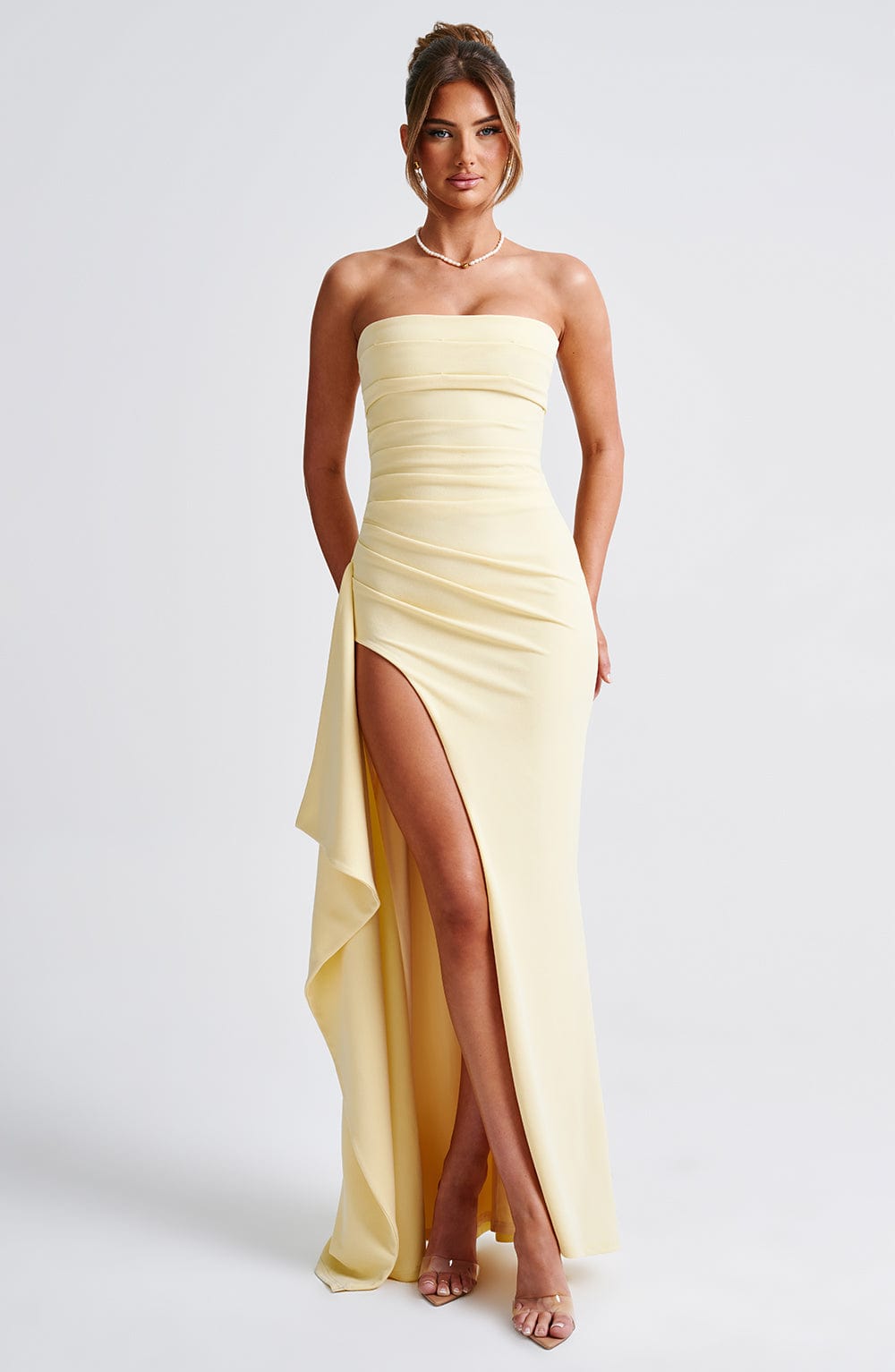 Strapless Ruched Side Slit Cascading Ruffle Maxi Gown