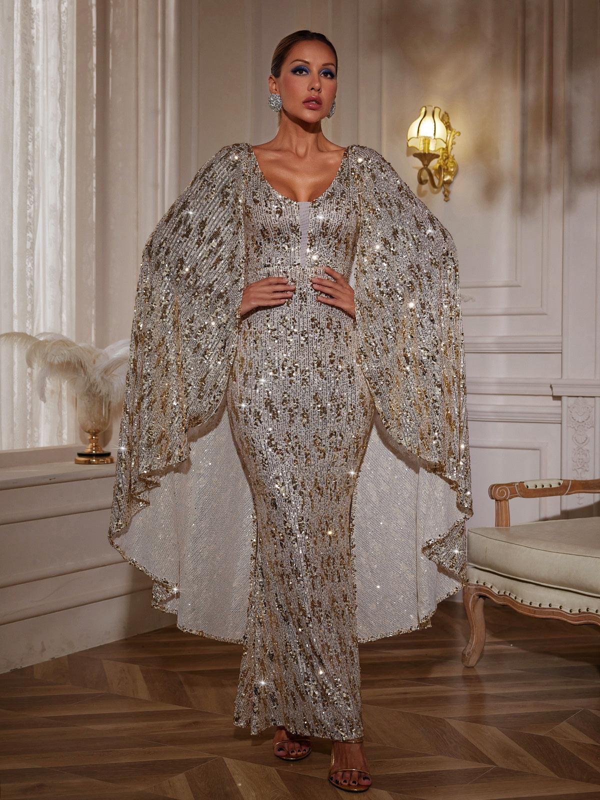 Deep V-Neck Cape Sleeve Vertical Sequin Stripe Mermaid Maxi Gown