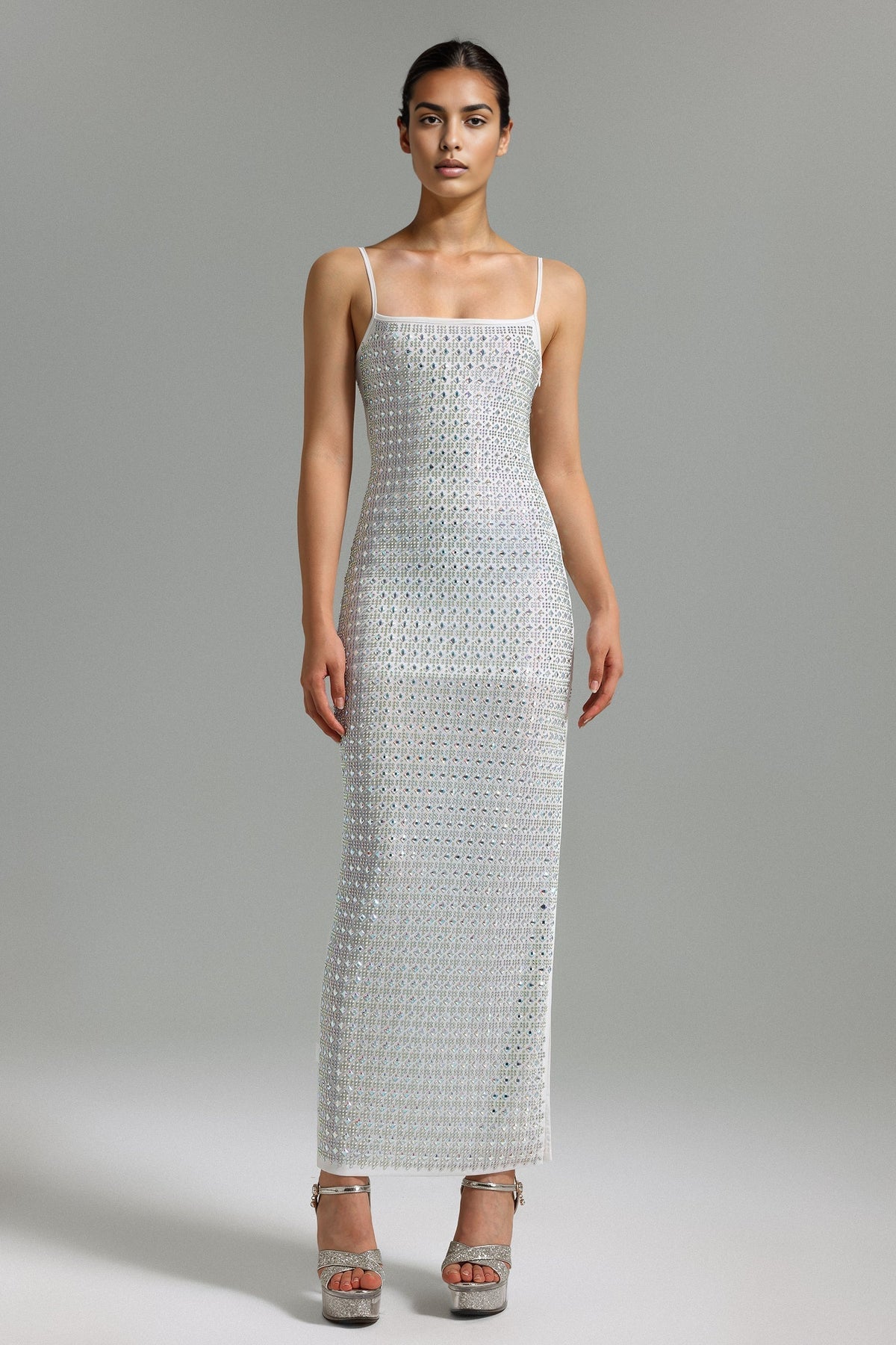 Square Neck Spaghetti Strap All-Over Crystal Embellished Bodycon Maxi Dress