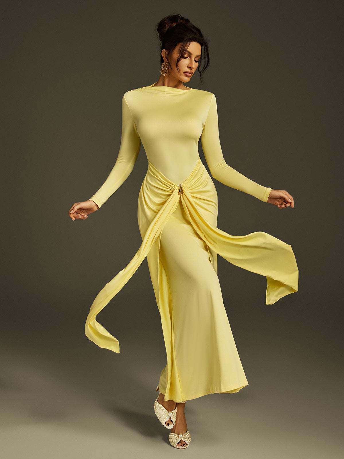 Crew Neck Long Sleeve Central Gathered Sash Draped Maxi Gown