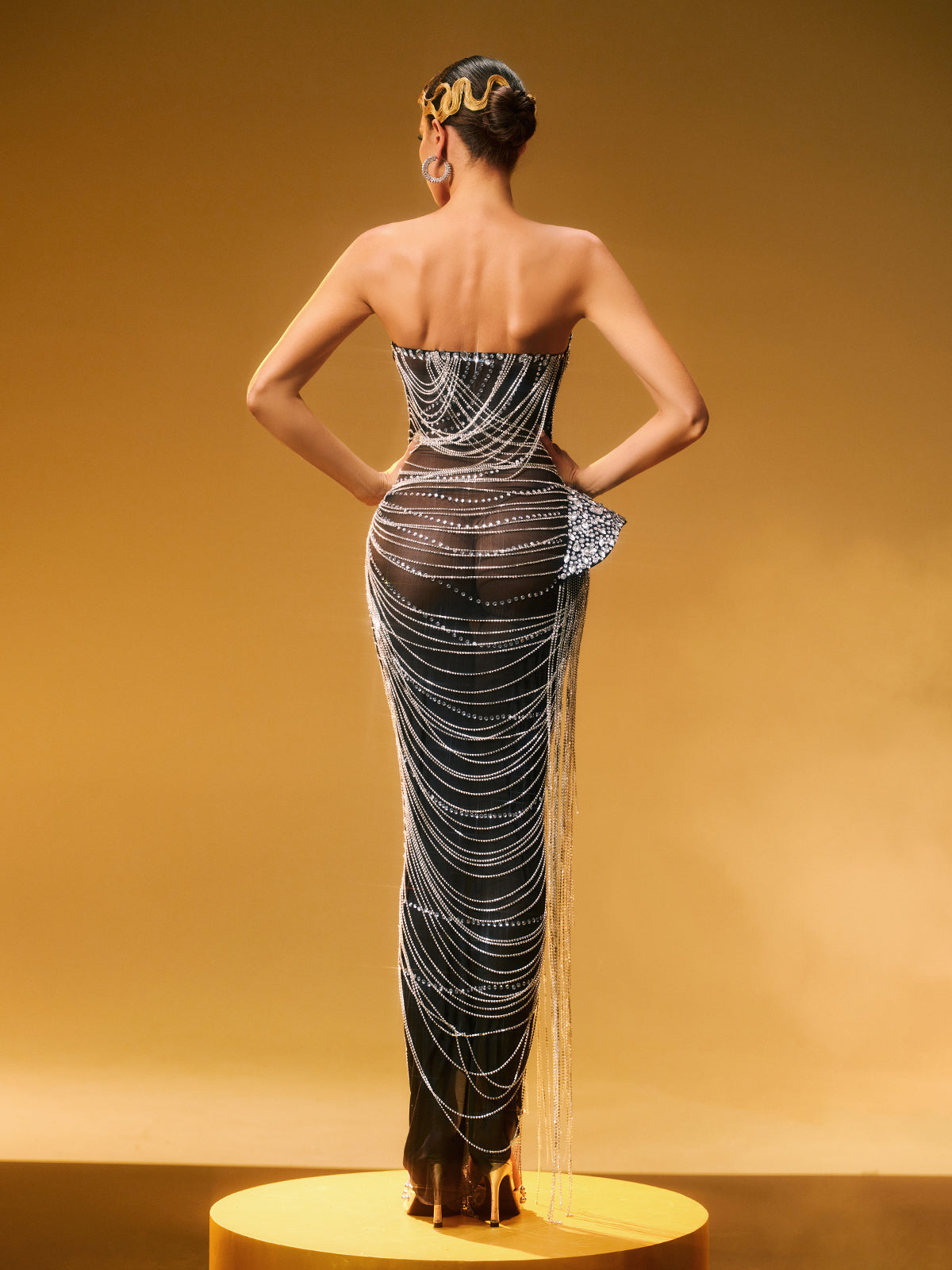 Strapless Corset Sweetheart Rhinestone Chain Hip Fringe Maxi Gown 6