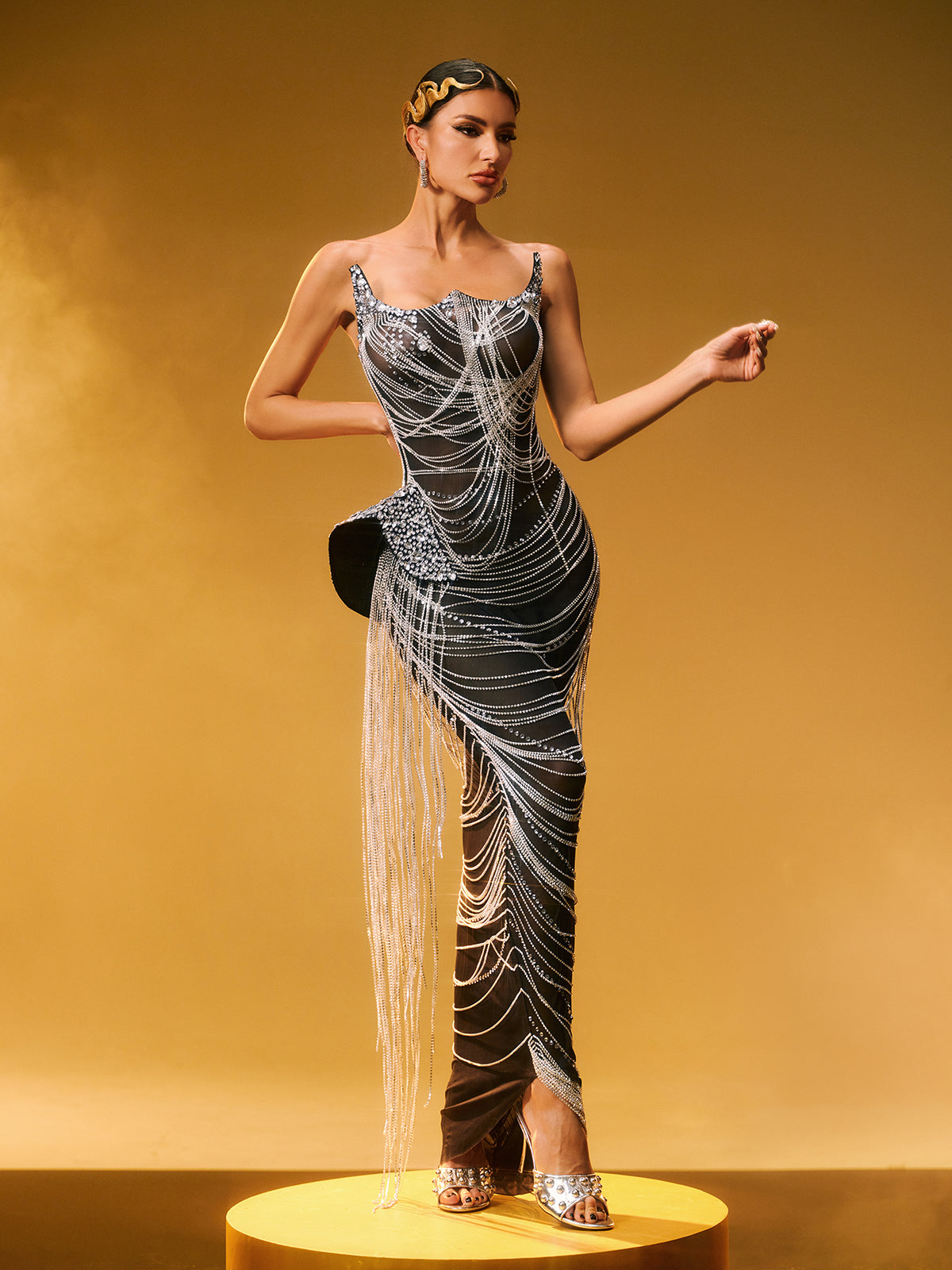 Strapless Corset Sweetheart Rhinestone Chain Hip Fringe Maxi Gown 2