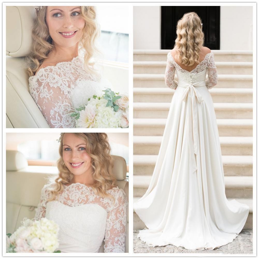 A Line Half Sleeve Lace Wedding Dress Off the ShoulderV Back Bohemian Bridal Gown