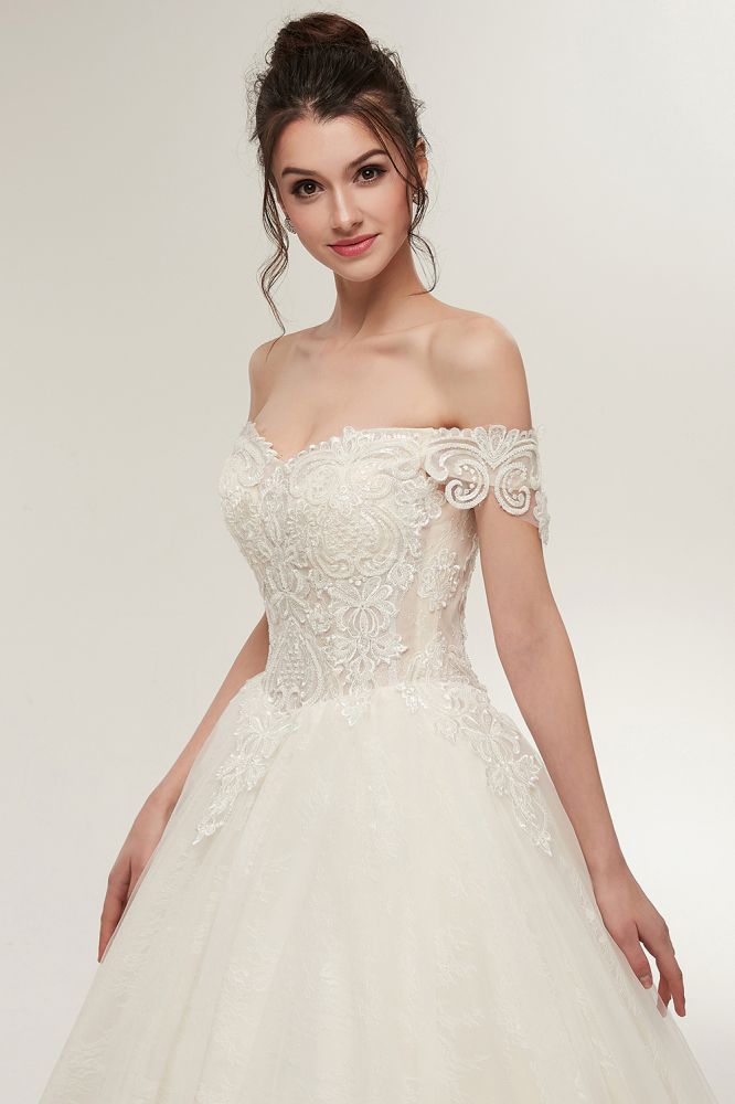 A line Off shoulder Sweetheart Floor Length Lace Appliques Wedding Dresses with Lace up