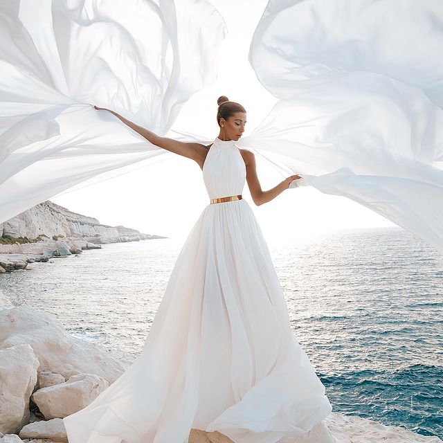 A Line White Chiffon High Neck Sleeveless Beach Wedding Dress