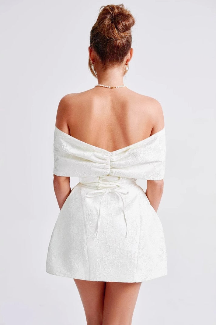 Jacquard Off Shoulder Bow Bustier Fit and Flare Mini Dress 2