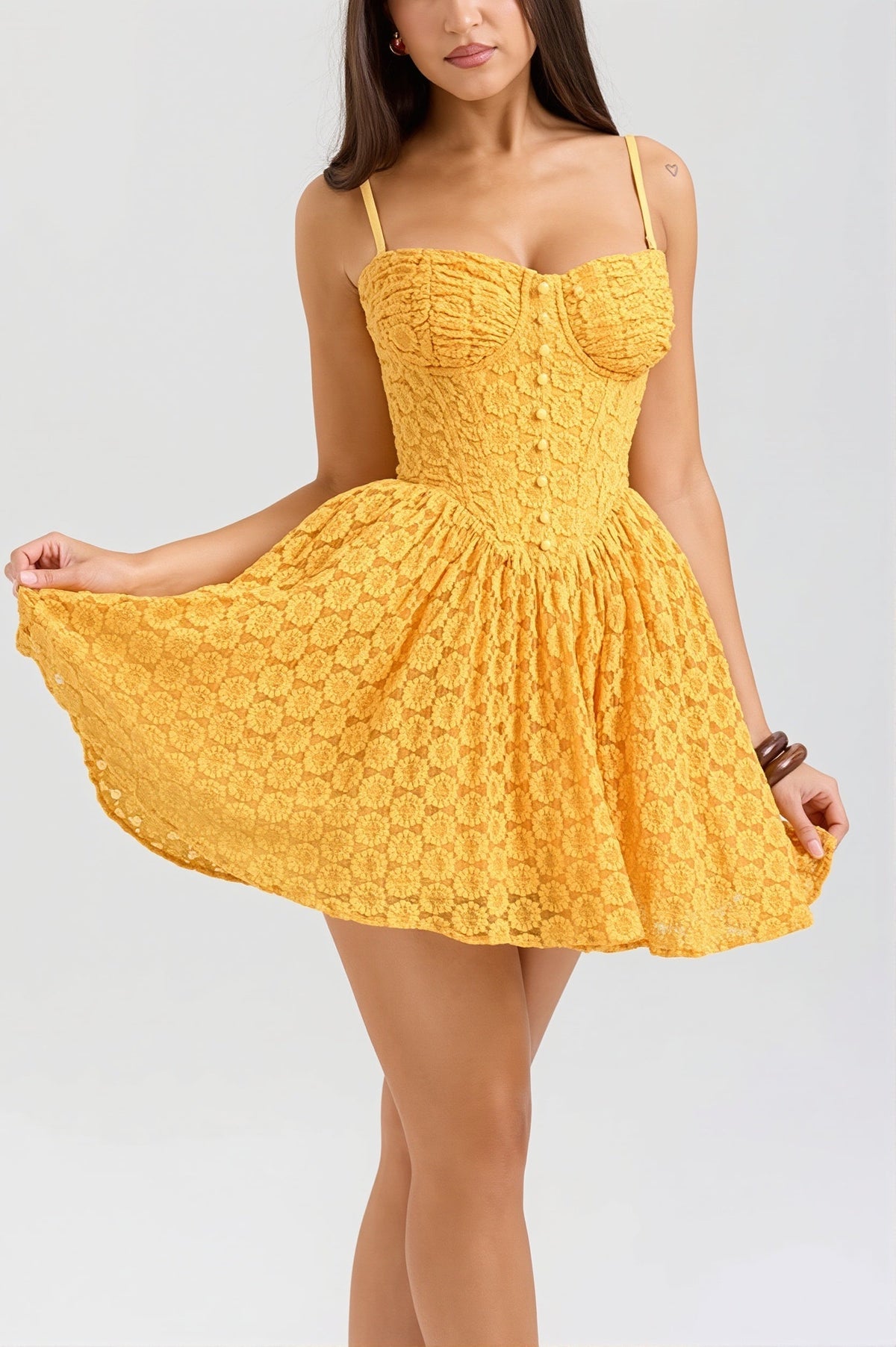 Floral Lace Corset Button-Down Sweetheart Spaghetti Strap Fit and Flare Mini Dress 3