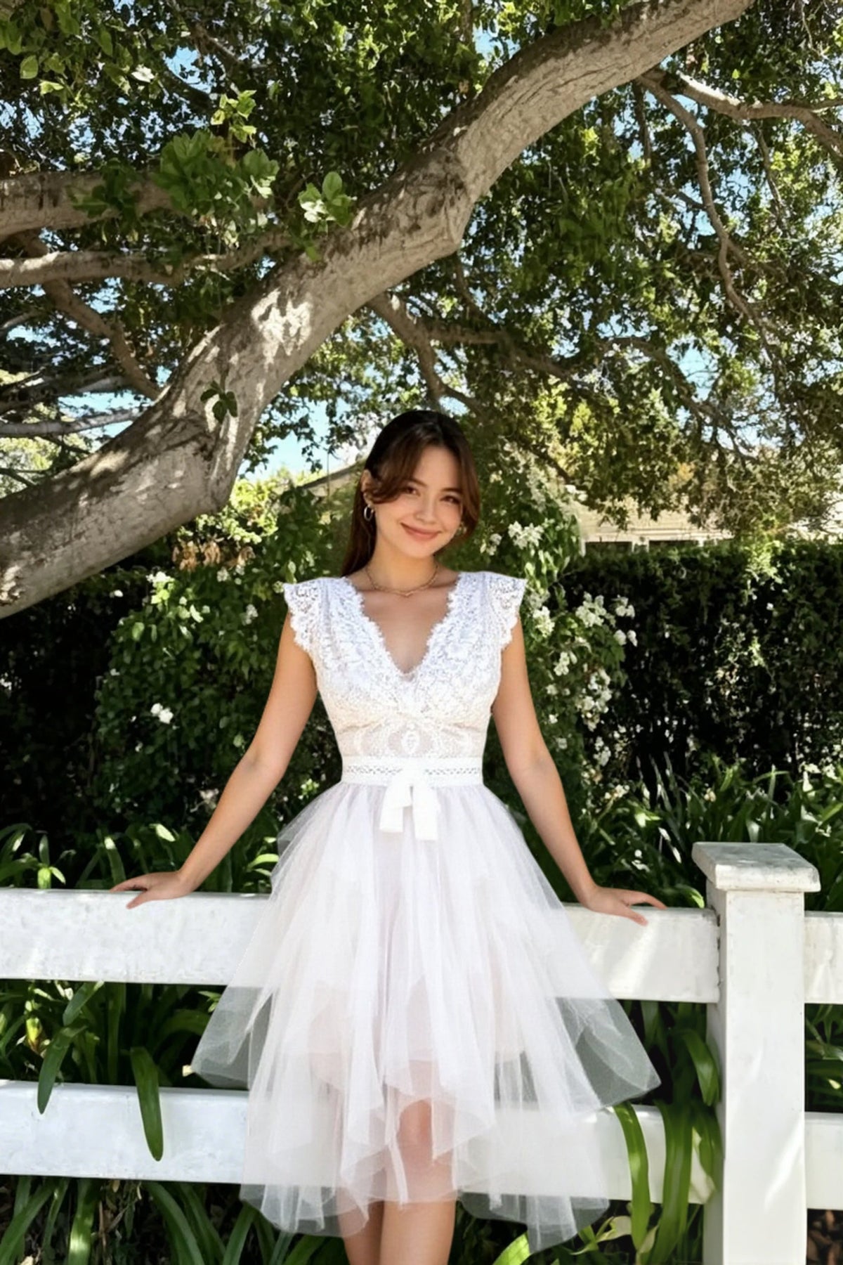 Lace Scalloped Cap Sleeve Bow Waist Tiered Tulle Handkerchief Hem Mini Dress
