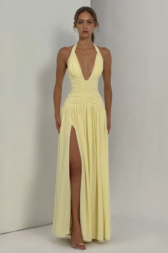 Halter Deep V Neck Ruched Bodice High Slit Maxi Gown