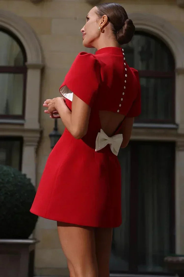 Mock Neck Origami Fold Puff Sleeve Princess Seam Fit and Flare Mini Dress 6
