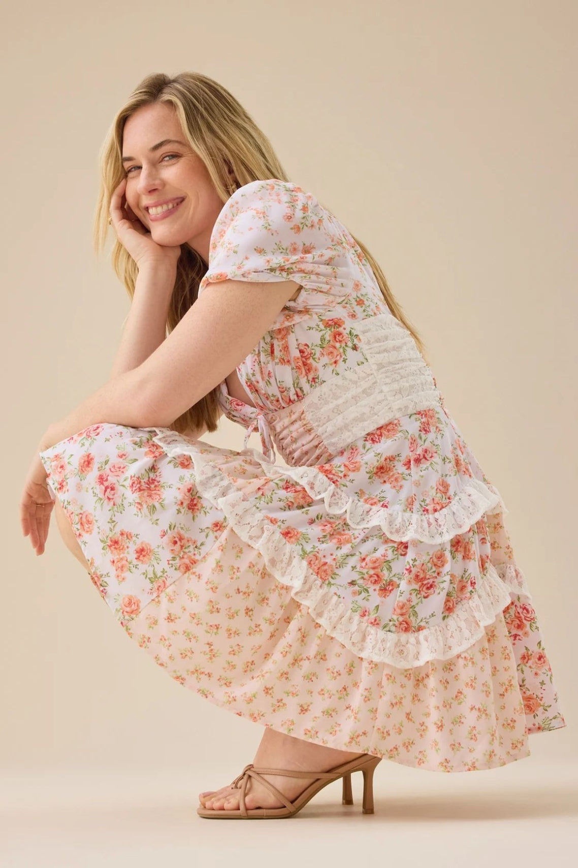 Floral Print Puff Sleeve Lace Smocked Waist Tiered Ruffle Mini Dress 21