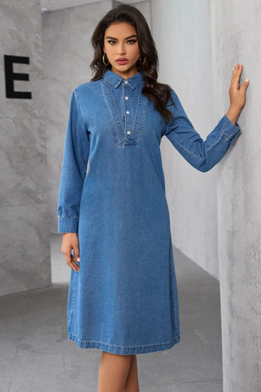 Denim Shirt Collar Long Sleeve Button Front Relaxed Midi Dress 5