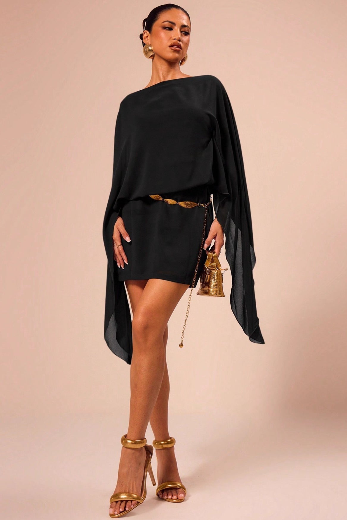Boat Neck Sheer Batwing Cape Sleeve Draped Blouson Bodycon Mini Dress 5