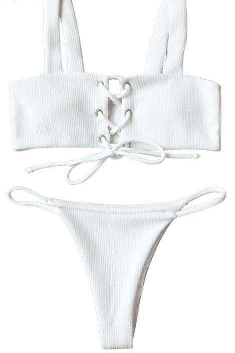 White Strappy Lace Up High Cut Ribbed Thong Sexy Bikini Swimsuit