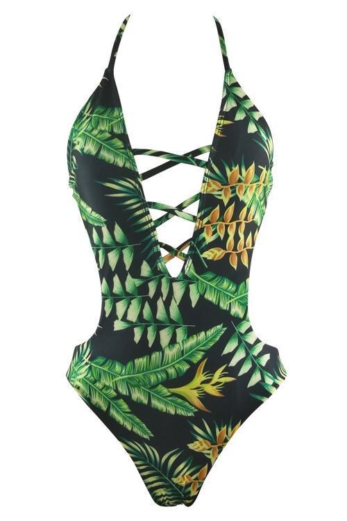 Green Tropical Palm Leaf Print Plunging Halter Strappy Backless Sexy High Cut One Piece Monokini Swimsuit