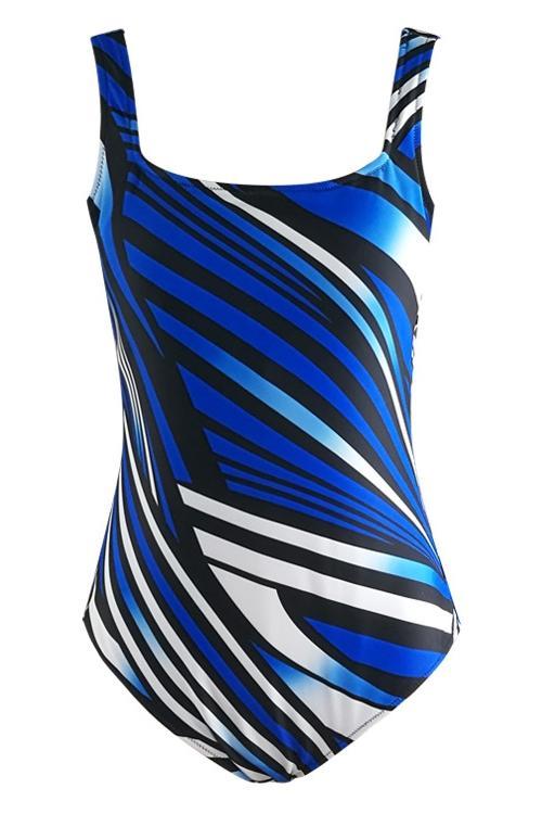 Blue Square Neck Stripe Print Backless Modest One Piece Swimsuit