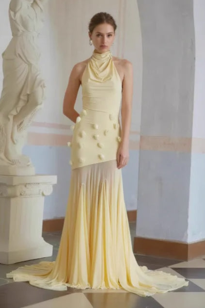 Halter Neck Cowl Drape 3D Rosette Applique Accordion Pleat Train Gown