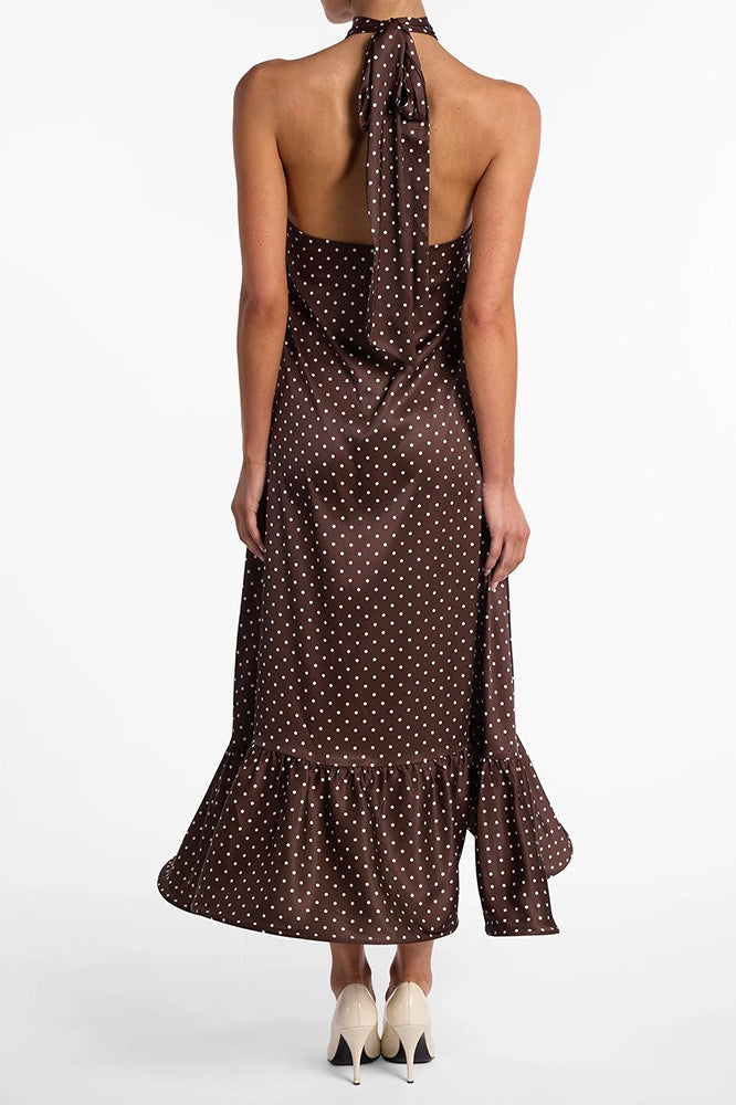 Polka Dot Satin Halter Ruffled Neck Tiered Ruffle Hem Maxi Dress 5