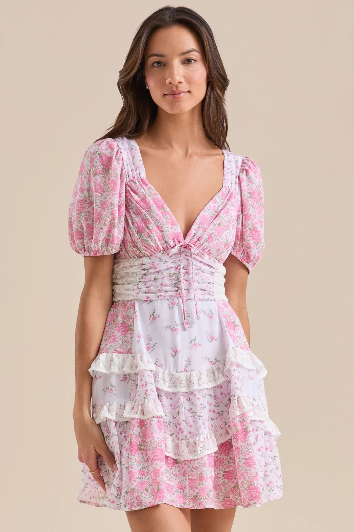 Floral Print Puff Sleeve Lace Smocked Waist Tiered Ruffle Mini Dress 6