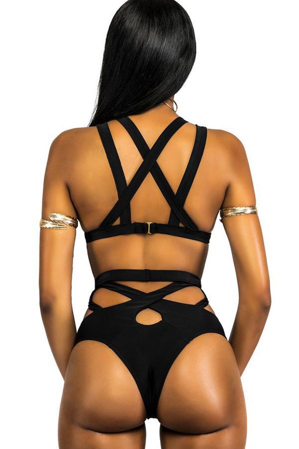 Black Strappy Caged Bandage Cutout High Waisted Sexy Bikini Bathing Suit
