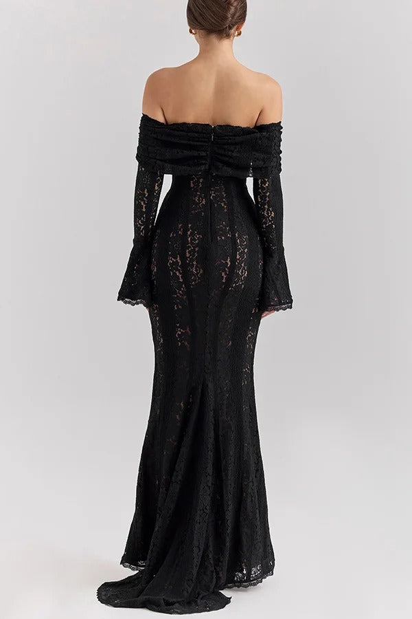 Floral Lace Off Shoulder Bell Sleeve Mermaid Maxi Dress 16