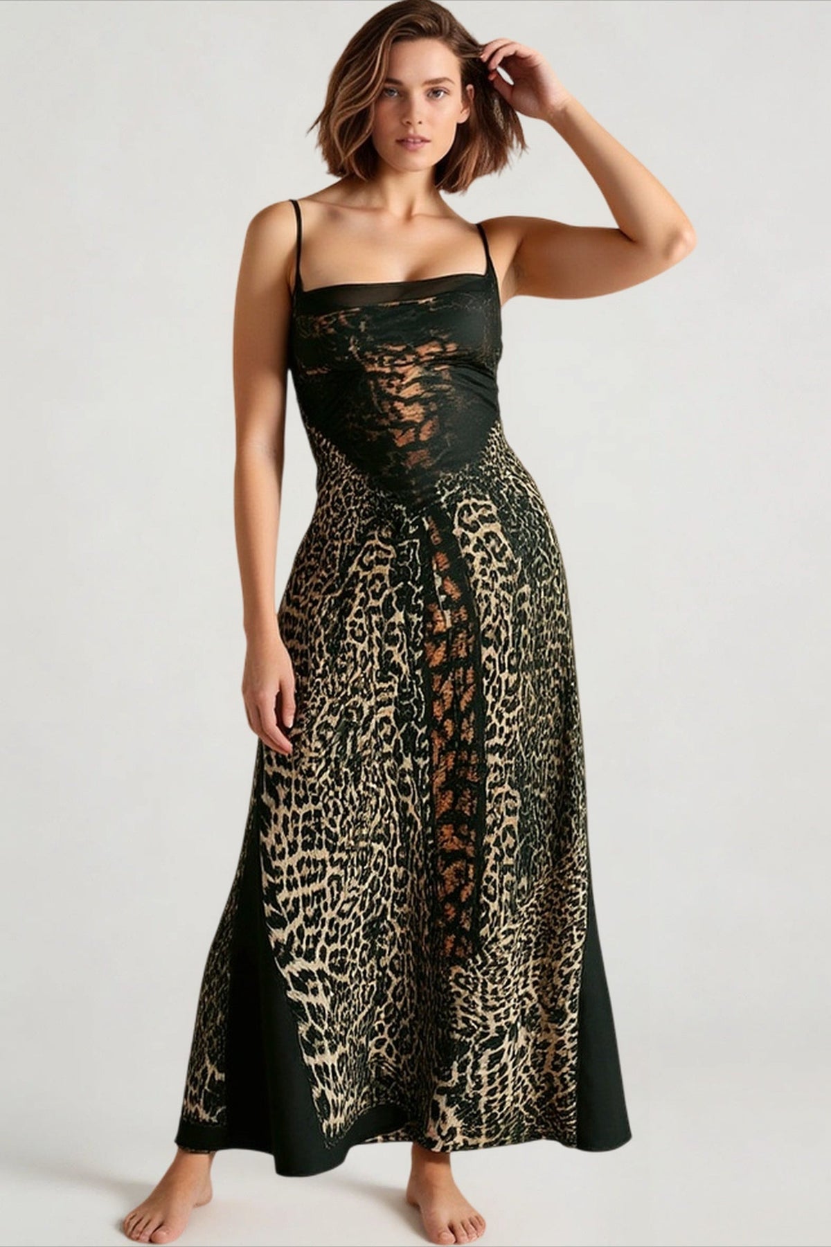 Spaghetti Strap Lace Corset Bodice Print Column Maxi Dress 4
