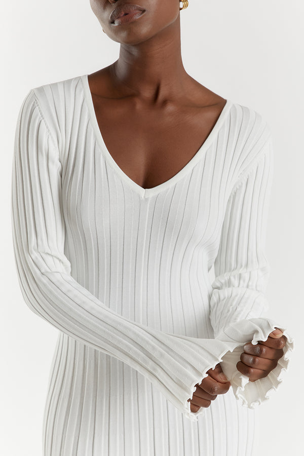 Rib Knit Deep V-Neck Long Sleeve Lettuce Hem Column Maxi Dress 3