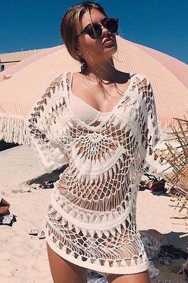 Beige Plunging Hollow Lace Crochet Sexy Long Sleeve Cover Up