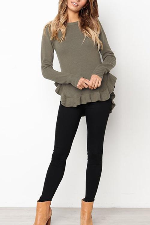 Casual Solid Color Ruffled Hem Sweater
