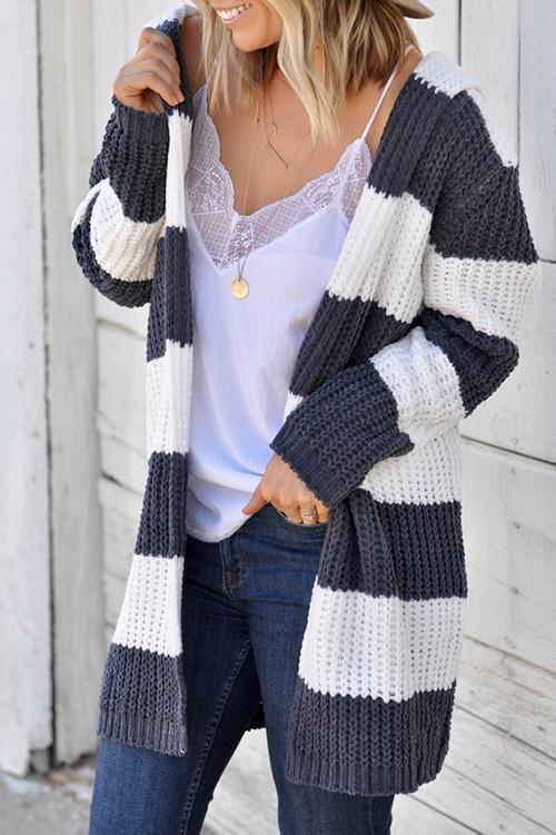 Simple Hooded Collar Striped Cardigan