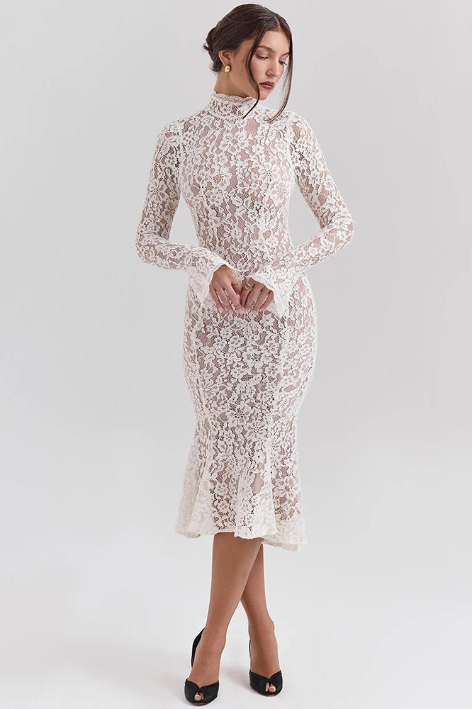 Floral Lace Mock Neck Bell Sleeve Mermaid Hem Midi Dress 4