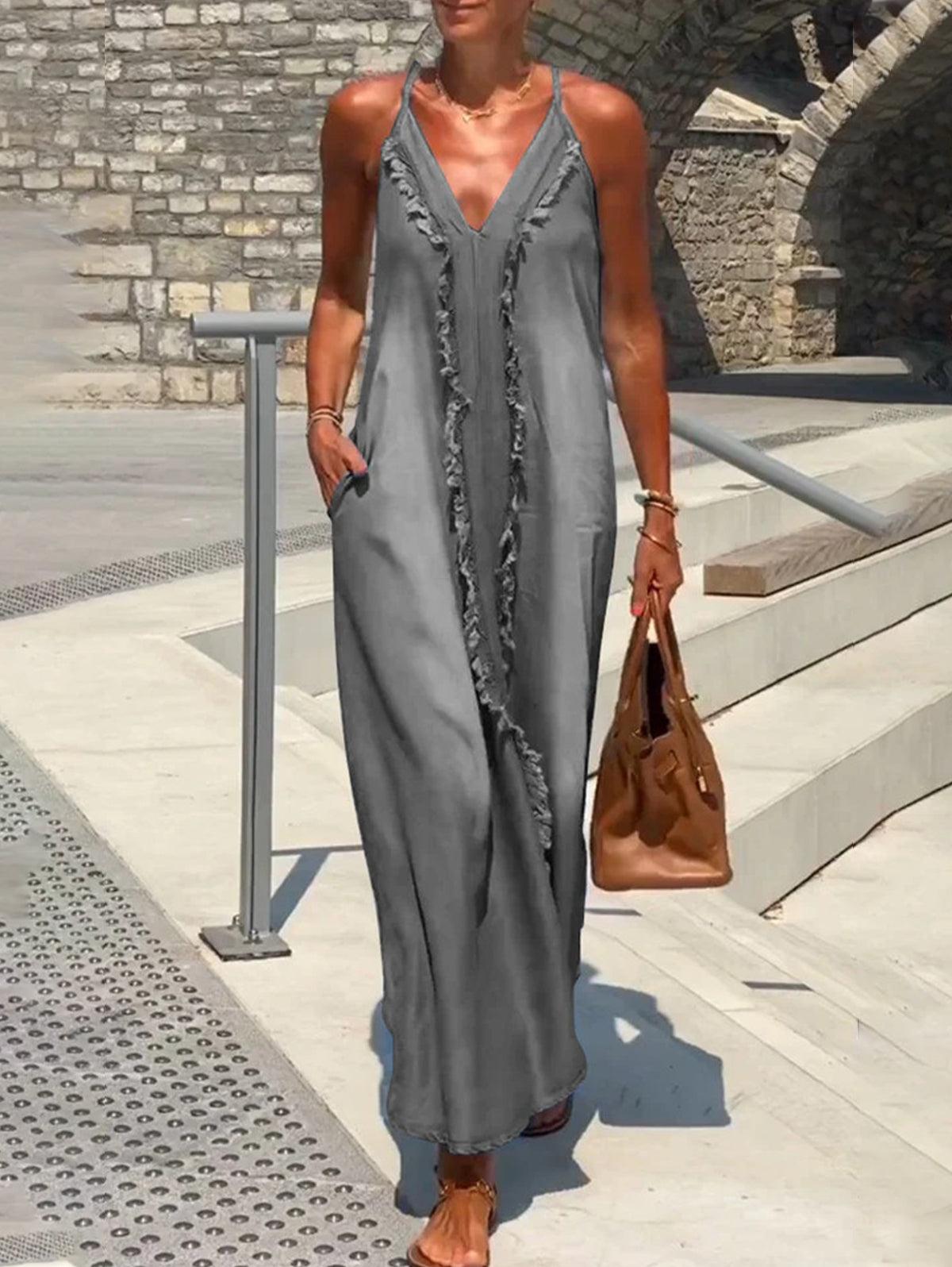 Deep V Neck Spaghetti Strap Frayed Trim Side Pocket Maxi Dress 4