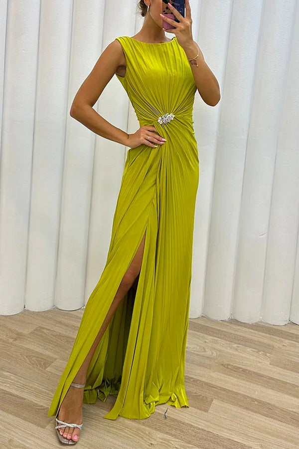 Pleated Round Neck Sleeveless Rhinestone Waist Gathered High Slit Maxi Gown 3