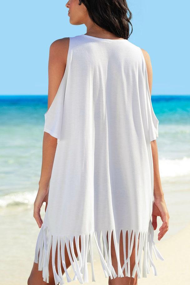 White Cold Shoulder Fringe Letter Print T Shirt Dress Beach Cover Up