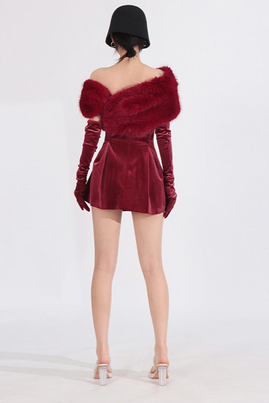Velvet Strapless Crystal Brooch Peplum Faux Fur Wrap Mini Dress 4