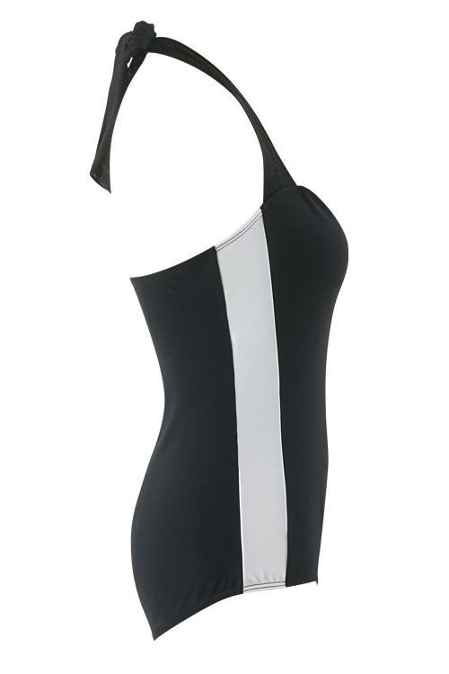Black White Two Tone Halter Tied Backless Sexy One Piece Swimsuit