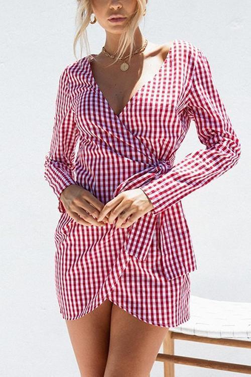V-neck Plaid Bow Tie with Long Sleeve Dress