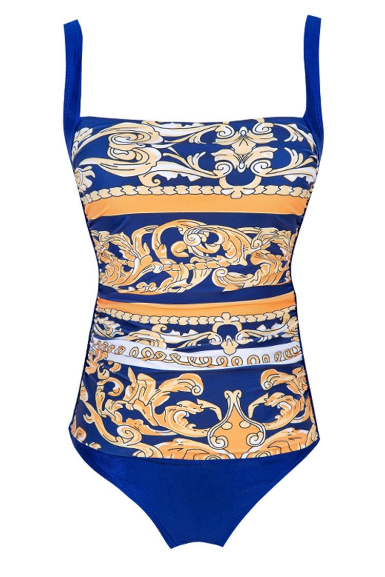 Active Ethnic Print Ruched Square Neck One Piece Swimsuit