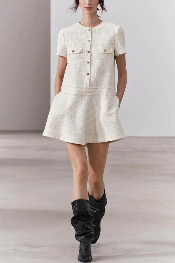 Metal Button Short Sleeve Round Neck Tweed Fit-and-Flare Mini Dress 7