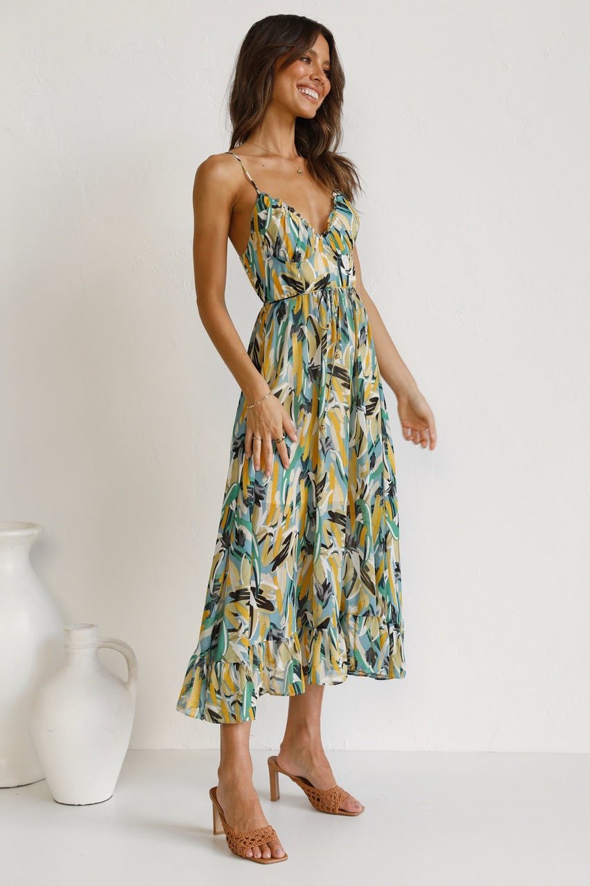 Abstract Brushstroke Print Spaghetti Strap Tie-Waist Tiered Ruffle Midi Dress 5