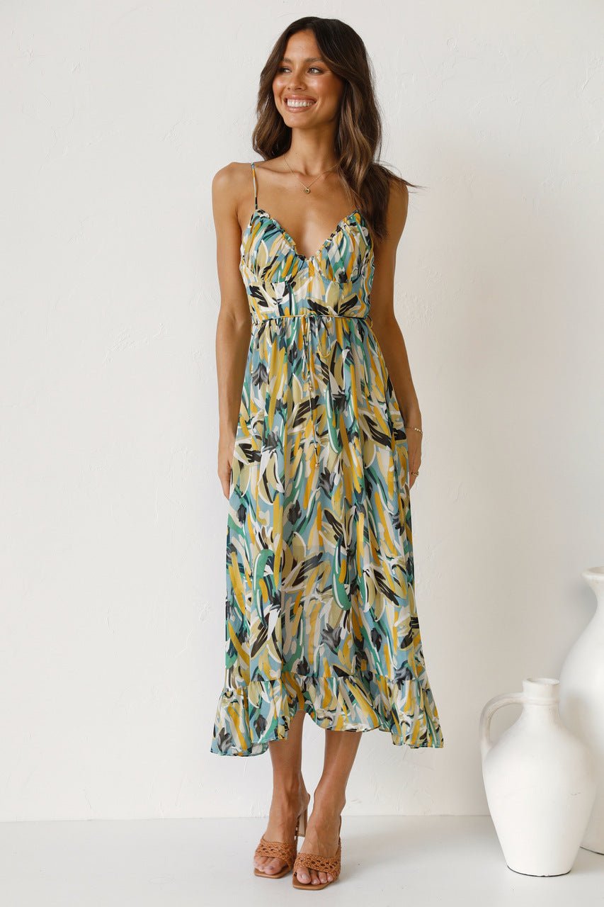 Abstract Brushstroke Print Spaghetti Strap Tie-Waist Tiered Ruffle Midi Dress 7