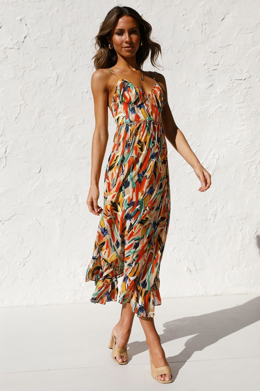 Abstract Brushstroke Print Spaghetti Strap Tie-Waist Tiered Ruffle Midi Dress 2