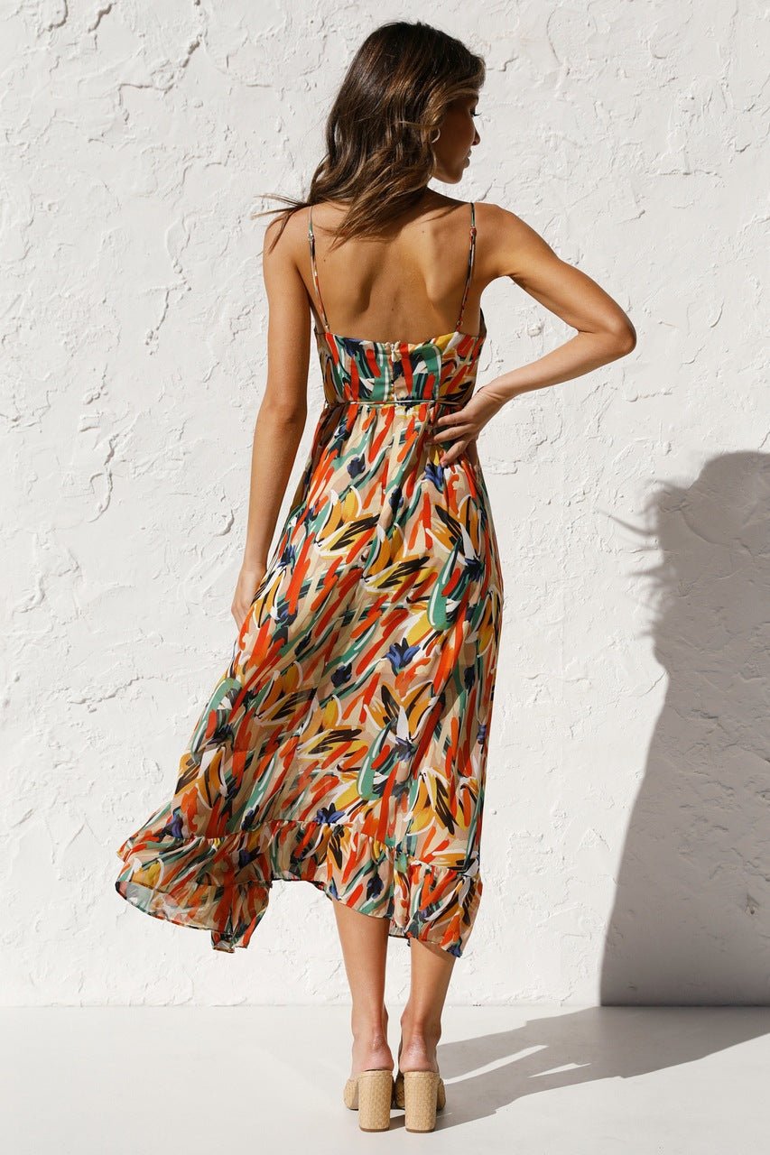 Abstract Brushstroke Print Spaghetti Strap Tie-Waist Tiered Ruffle Midi Dress 4