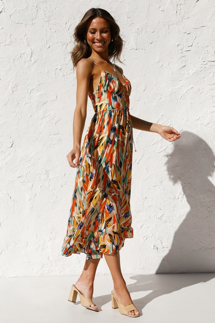 Abstract Brushstroke Print Spaghetti Strap Tie-Waist Tiered Ruffle Midi Dress 3