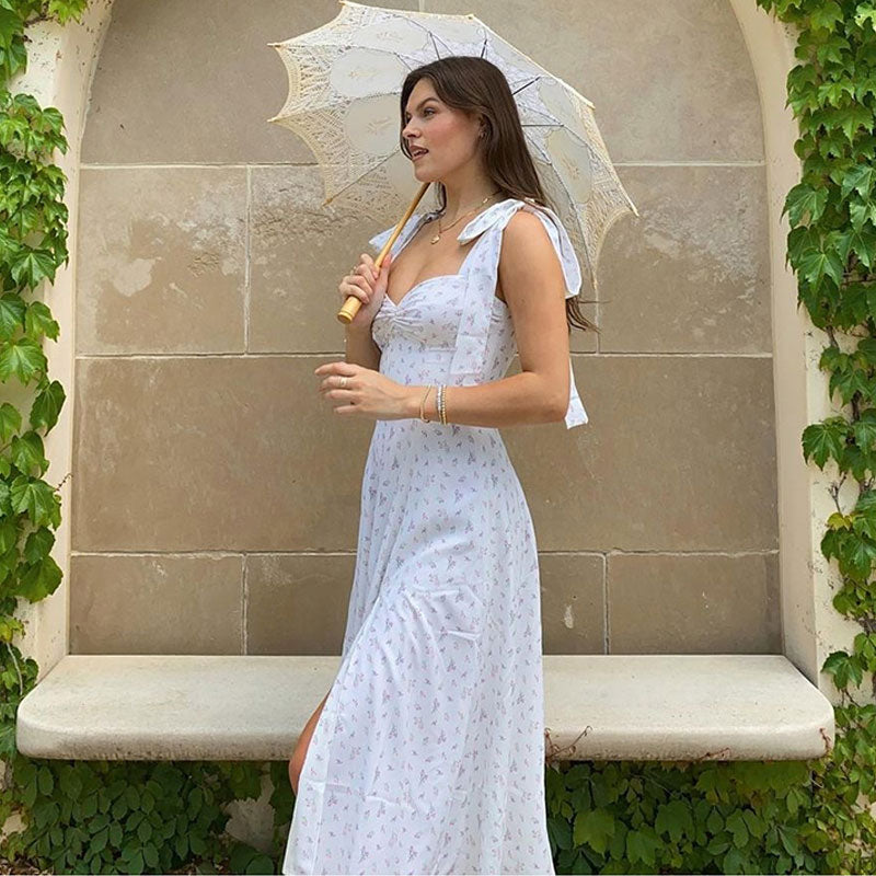 Tie Shoulder Ruched Sweetheart Ditsy Floral High Slit A Line Slip Midi Dress 2