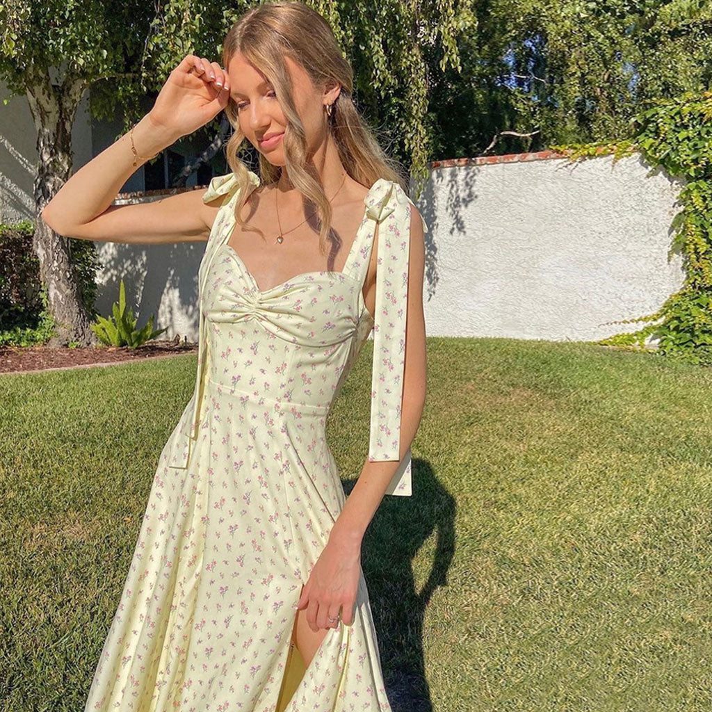 Bow Tie Shoulder Ruched Sweetheart Ditsy Floral High Slit Slip Midi Dress 3
