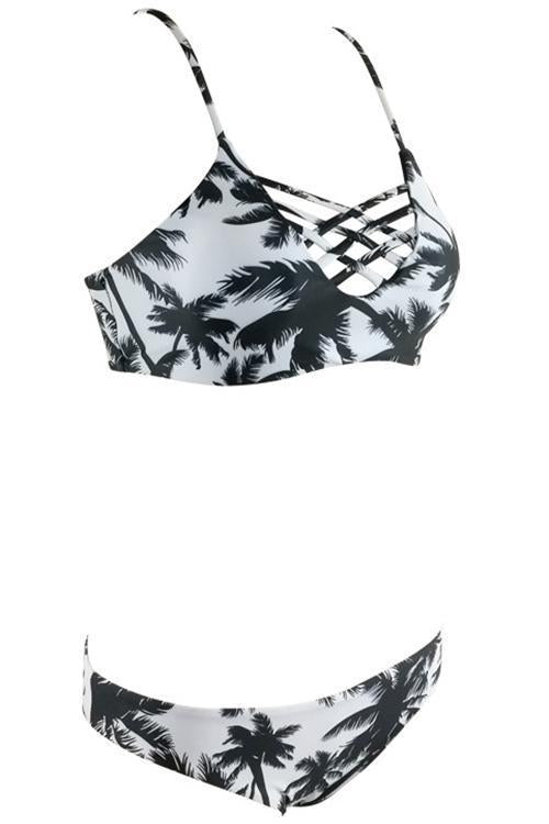Black Palm Tree Print Crisscross Sexy Strappy Bikini