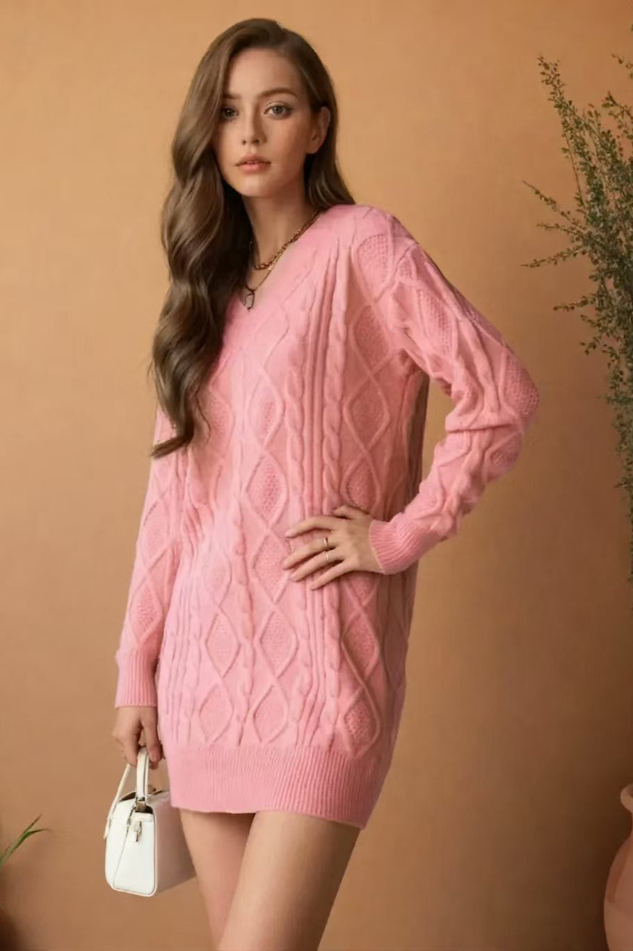 Cable Knit Diamond Pattern V-Neck Long Sleeve Sweater Mini Dress