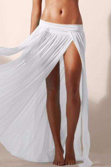 White Elastic Waist High Slit Pleated See Through Sexy Maxi Skirt Cover Up